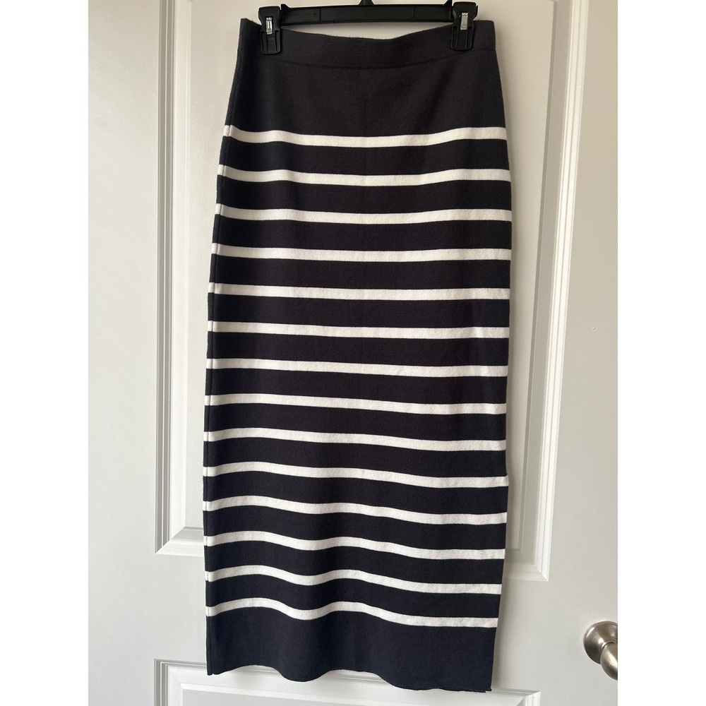 Joie Womens Navy Blue White Striped Knit Midi Pencil Skirt Side Slit Large